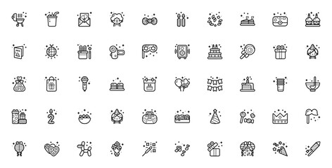 Birthday party icon set. Fun vector illustrations. Includes balloons, cake, gifts, confetti, clown, camera, snacks, music and more. Perfect for invitations and celebrations.