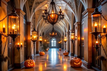 Ornate castle hallway decorated for halloween with glowing pumpkins and chandeliers