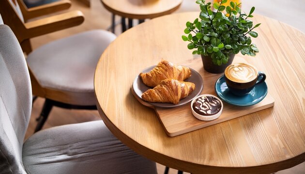overhead shot of a cozy cafee table with coffee cup pastries and a small plant