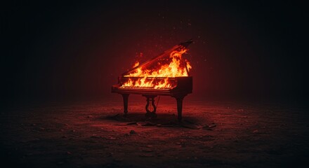 Burning piano in dark room