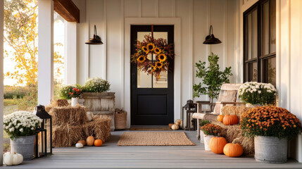 Charming front door entrance decorated for Thanksgiving with pumpkins and flowers in a cozy fall setting