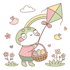 Fototapeta premium A Sleepy Froog with with a rainbow kite in a Easter theme – Spring Bloom palette SVG illustration