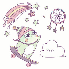 Cute SVG of a Funny Froog in Dreamland colors, featuring riding a skateboard in a Fantasy dream setting