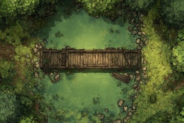 Fototapeta premium DnD Battlemap battlemap in toxic bog - Surrounded by greenery, battlemap shows a hazardous setting_remains of a bridge in a murky swamp. 