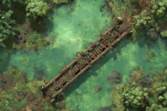 DnD Battlemap battlemap in toxic bog - Surrounded by greenery, battlemap shows a hazardous setting_remains of a bridge in a murky swamp.	