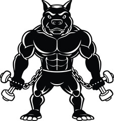 Fototapeta premium Muscular black dog character holding dumbbells and wearing a chain