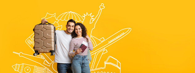 A smiling couple stands together with a suitcase and a passport in hand, excited for their upcoming...