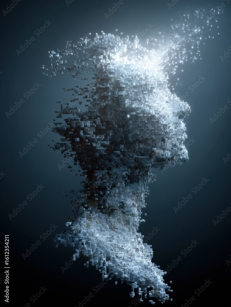 Aufkleber human head dissolving into luminous pixels of data, representing digital transformation and the esse