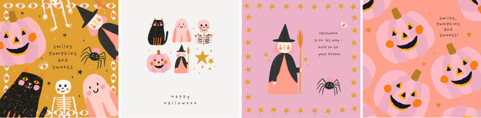 Happy Halloween: Cute, fun, modern, cheerful, kind vector illustration of greeting card. Pumpkin, witch, ghost, cat, pattern, skeleton for invitation and background. Spooky, autumn, holiday, party.
