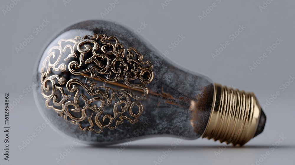Poster creative vintage lightbulb showcases intricate brain filigree design with upper third space left ope
