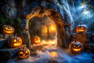 Fototapeta premium Several carved halloween pumpkins with glowing faces are arranged near a misty cave entrance
