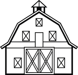 Simple black and white line drawing of a classic gambrel roof barn with large double doors and windows