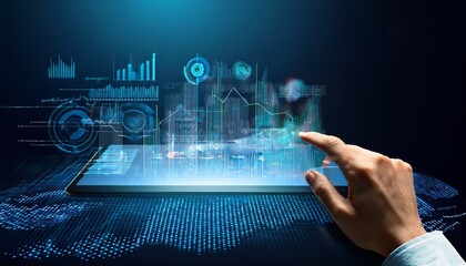 hand using holographic data chart on digital tablet futuristic analytics