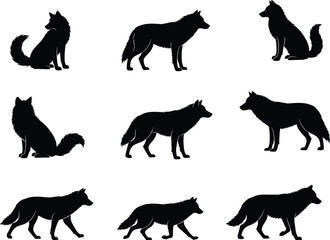 Wolf Silhouette Vector Set – Nine Naturalistic Poses with Sitting, Standing, and Walking Profiles for Wildlife, Nature, or Decor Design