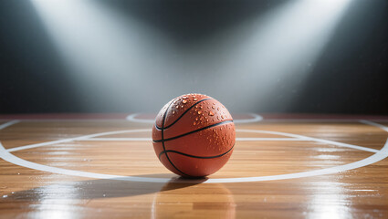 Basketball on wooden court with dramatic lighting in sports arena