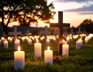 Candles and crosses at sunset