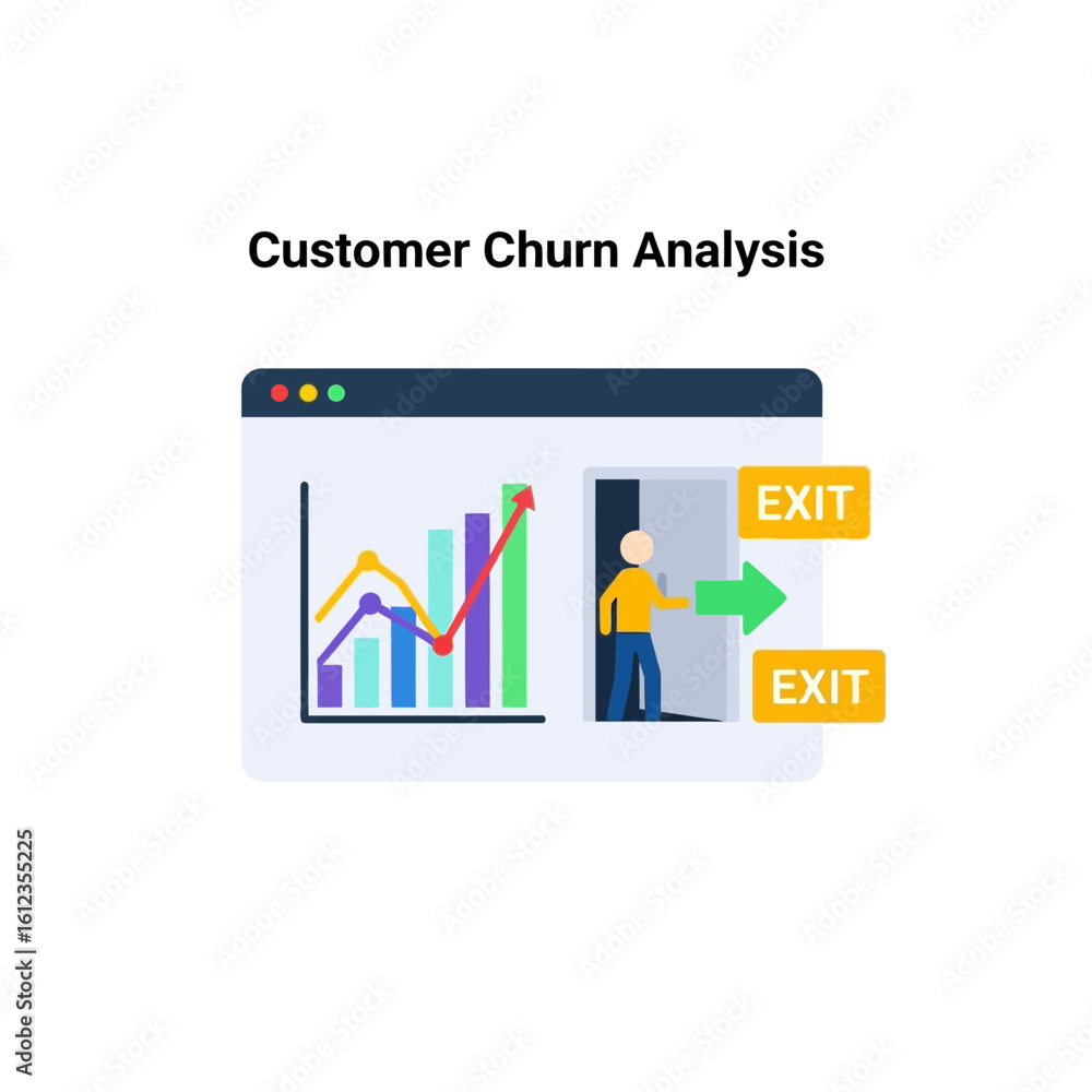 Poster illustration depicting customer churn analysis with a graph showing upward trends and a person exiti
