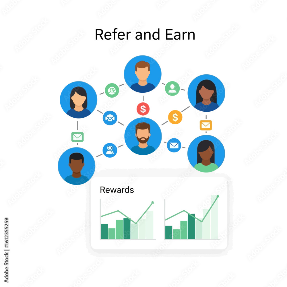 Aufkleber illustration depicting a referral program with interconnected avatars and a rewards chart showing gr