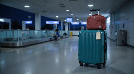 Stylish luggage with tag standing at airport baggage claim area  