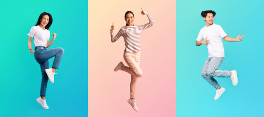 Three diverse individuals are jumping joyfully against colorful backgrounds, showcasing smiles and...