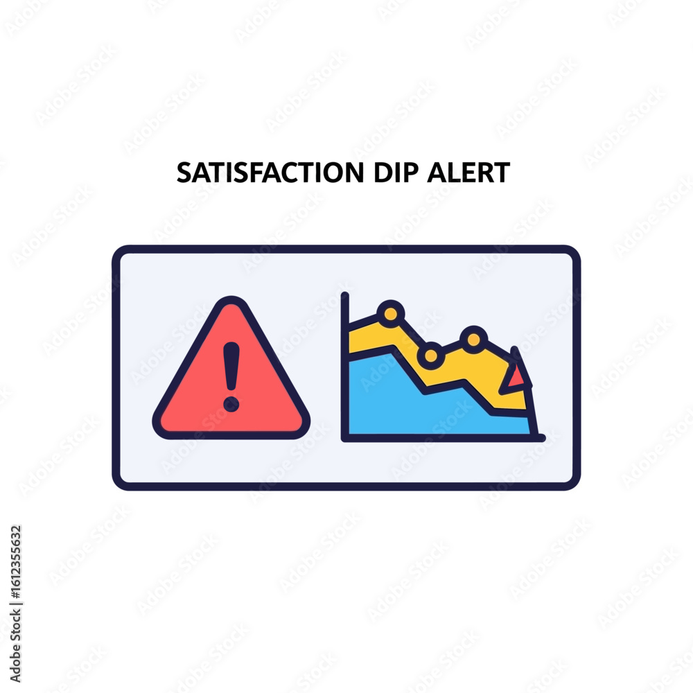 Aufkleber illustration of a satisfaction dip alert featuring a red warning triangle and a graph showing a down