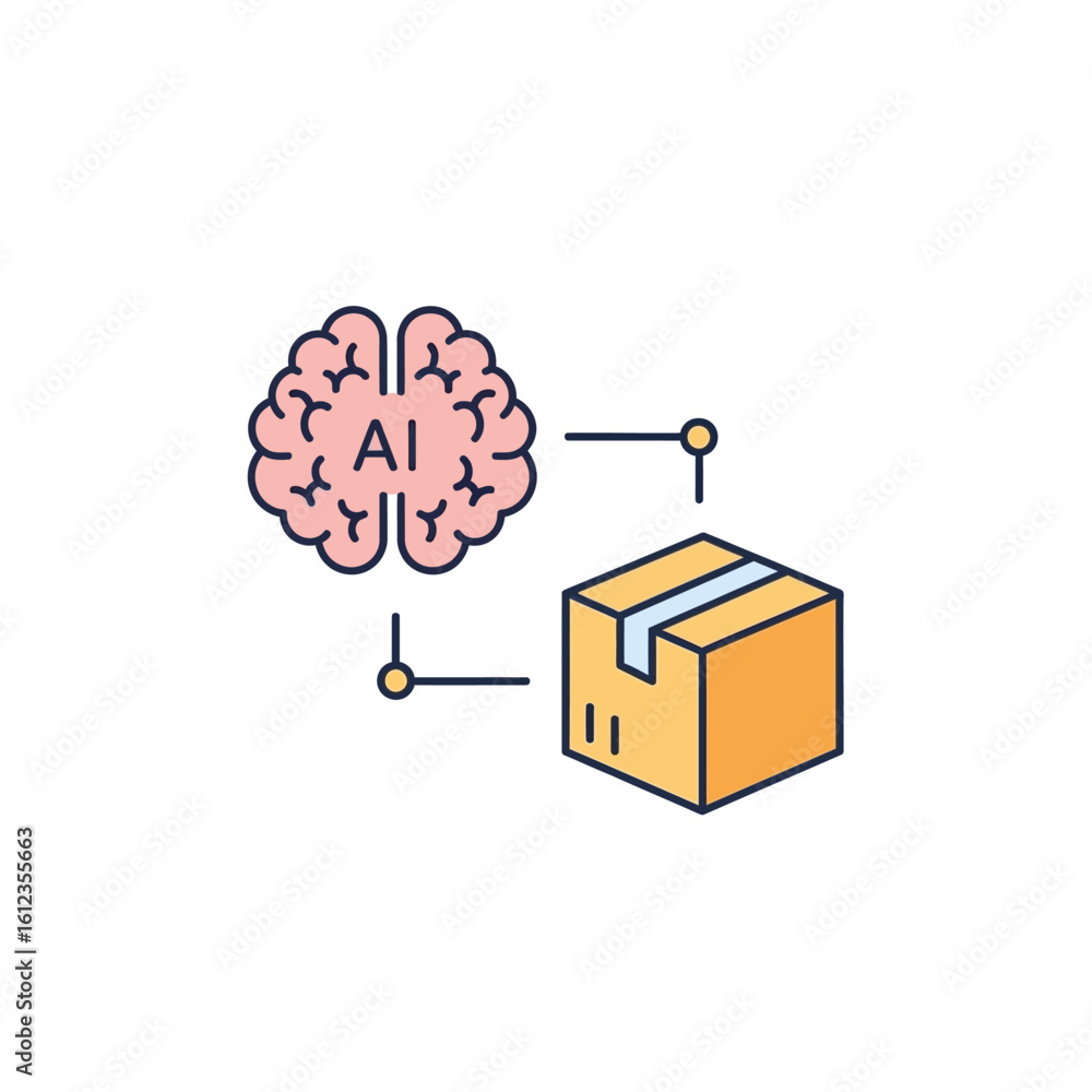 Poster ai-powered package delivery system, showing a brain connected to a cardboard box, symbolizing intell