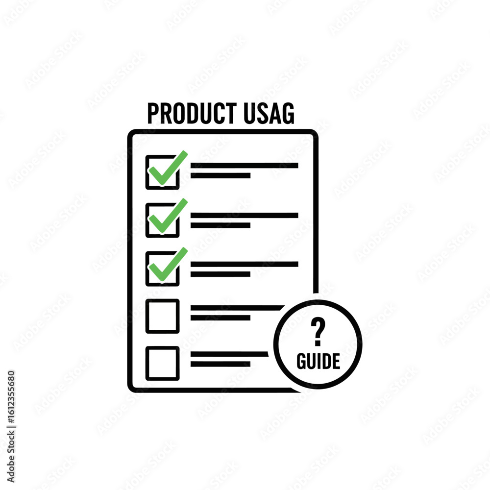 Aufkleber a simple checklist with green checkmarks indicating product usage and a guide.