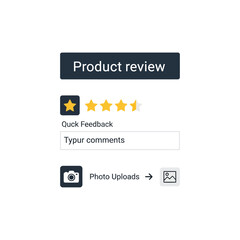 Online product review interface with star rating, text fields for feedback, and photo upload options.