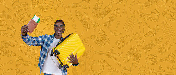A traveler smiles while holding a passport and a ticket alongside a bright yellow suitcase. The...