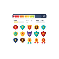 Colorful game UI elements: progress bar, level indicator, and assorted achievement badges.