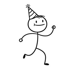 Happy stick figure person celebrating with a party hat and cheerful expression while running against a plain white background, festive concept of event planning or party supplies