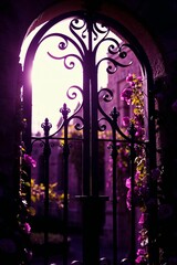 Ornamentiertes Eisengitter mit violettem Lichtschein und blühenden Rosen in stilisierter Komposition