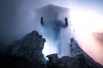 Space explorer encased in ice on alien world, cinematic sci-fi survival scene with dramatic smoke...