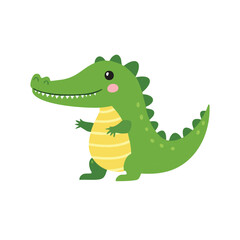 A cheerful cartoon illustration of a friendly, smiling green alligator. This illustration is full of charm and whimsy