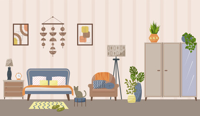 Cozy bedroom interior. Bed, armchair with floor lamp, large wardrobe. Bedside table with lamp. Decorative ethnic element on the wall and paintings. Green indoor plants to create comfort and atmosphere