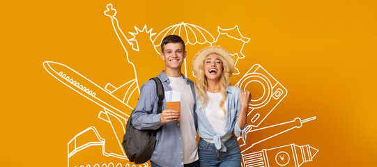 A joyful couple stands against a vibrant yellow background adorned with travel-themed graphics....