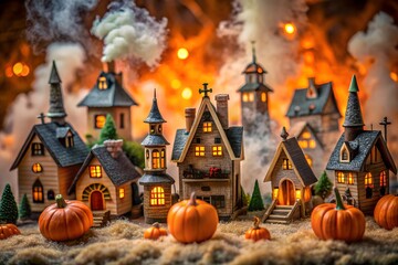 A charming miniature village is decorated with glowing pumpkins for a spooky halloween night