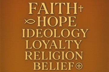 Faith hope ideology loyalty religion belief banner with inspirational typography representing core spiritual values and religious commitment principles