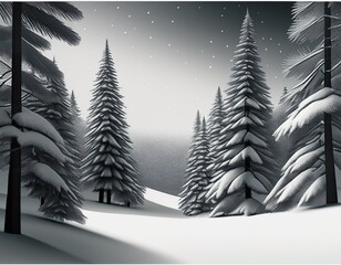 outline of pine trees on a snowy landscape with blank space