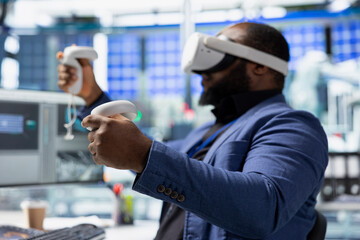 African american technician in solar panels plant using VR goggles, optimizing layouts using CAD...