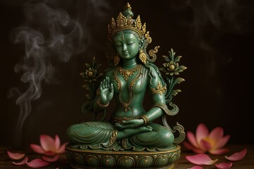 Fototapeta premium Green Tara Buddhist goddess statue in meditation pose with intricate golden details representing compassion wisdom and spiritual protection