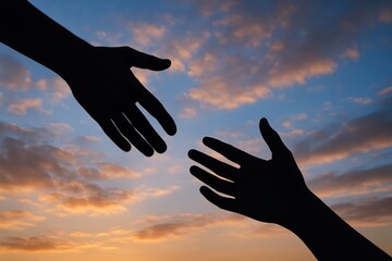 Helping hands silhouette against sky reaching toward each other representing human connection mutual aid and community support systems