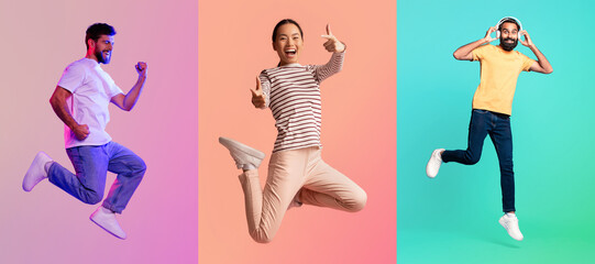 Three joyful, diverse people are seen jumping in vibrant colors. Their expressions convey...