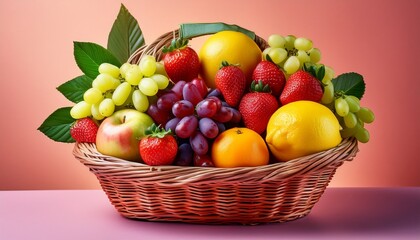 a colorful basket filled with fresh fruits including apples grapes lemons and strawberries against a vibrant backdrop