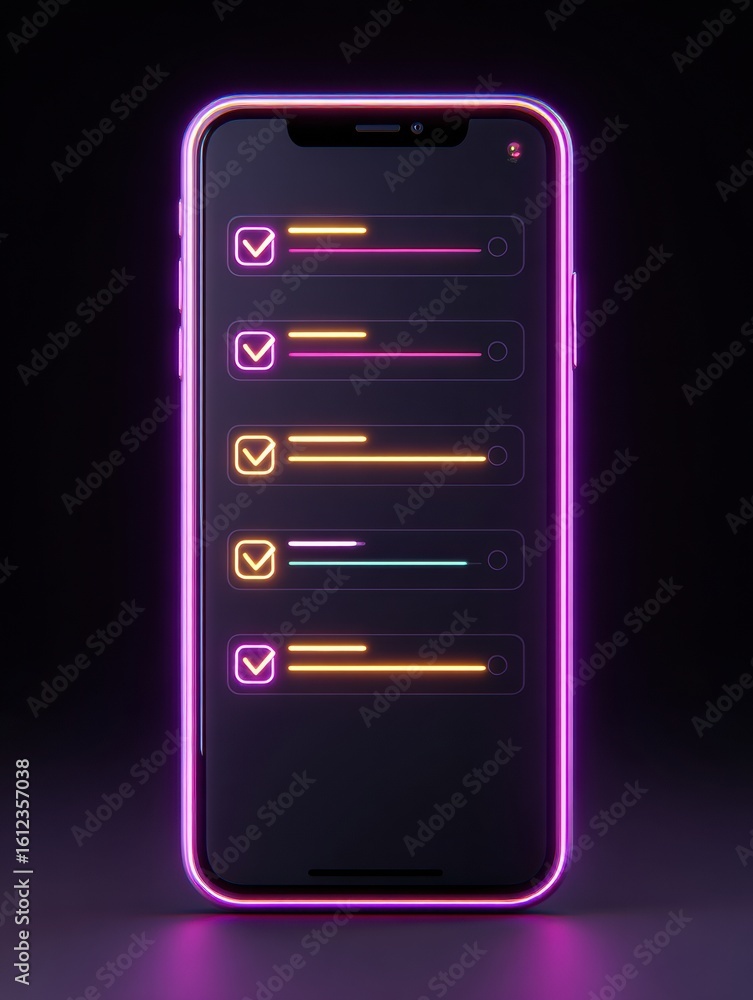 Aufkleber self-improvement app on smartphone screen with glowing checklists displayed against a dark backgroun