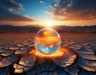 glowing sphere floating over dry cracked land climate change concept