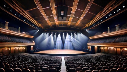 a dark concert hall with stage and lights