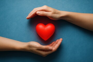 Top view of caring hands protecting red heart symbol representing healthcare excellence organ donation awareness and life-saving medical compassion