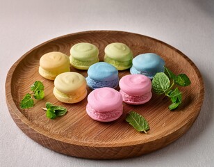 assorted pastel colored desserts on wooden plate garnished with fresh mint leaves