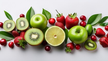 fresh green and red fruits with leaves arranged on a white background